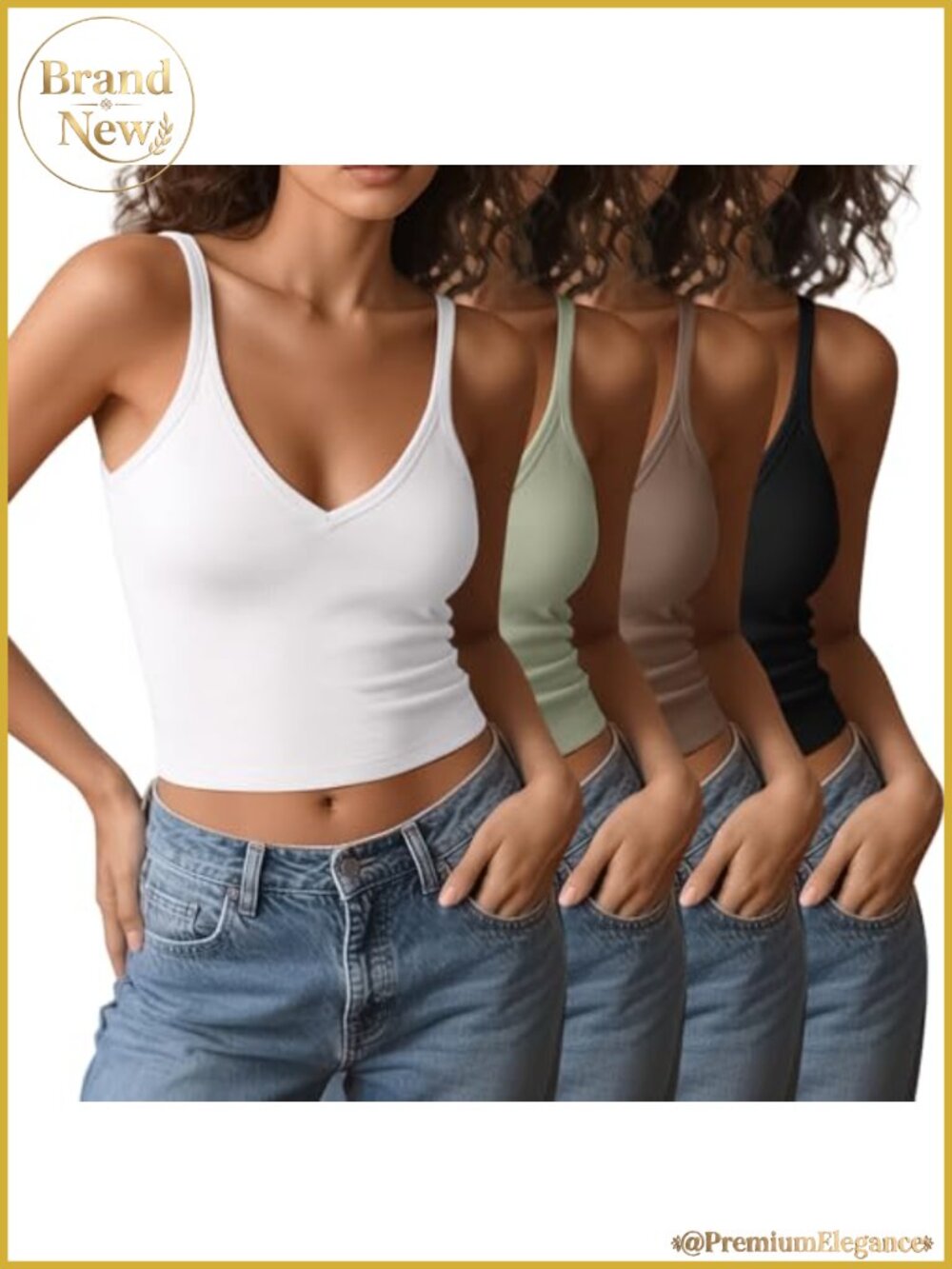 Women's V-Neck Spaghetti Strap Crop Tank Tops Cotton Stretch 4-Pack